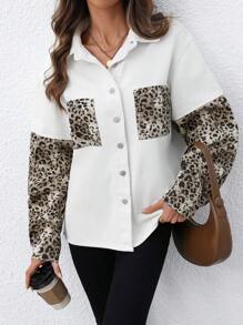 SHEIN LUNE Autumn Casual Leopard Print Patchwork Denim Jacket