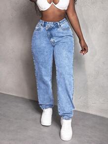 SHEIN Slayr Casual Water-Washed Asymmetric Waist Tapered Jeans