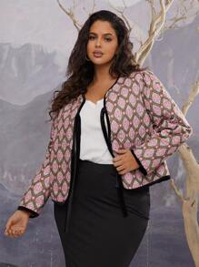 SHEIN VCAY Plus Size Tie Front Long Sleeve Loose Warm Padded Coat, Suitable For Holiday - Multicolor - View 4