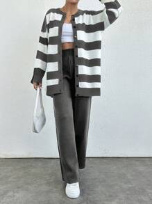 SHEIN PETITE Damski kardigan w paski z guzikami z przodu i dzianinowe spodnie z szerokimi nogawkami