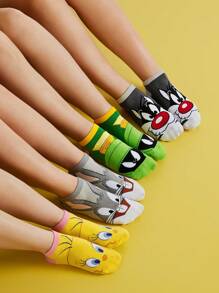 LOONEY TUNES X SHEIN Set de 4 pares de calcetines de tobillo con estampado de dibujos animados y bloques de color para mujer - Multicolor - Ver 2