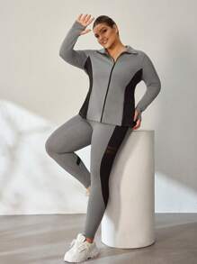 Easithlete Plus Size Color Block Zipper Cardigan I Legginsy Zestaw Sportowy Garnitur, Jesień