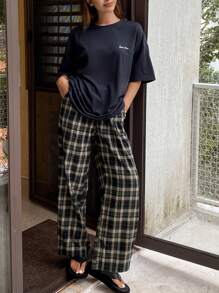 DAZY 宽松字母印花T恤和格子长裤家居服套装睡衣 - 藏蓝色 - 查看 5