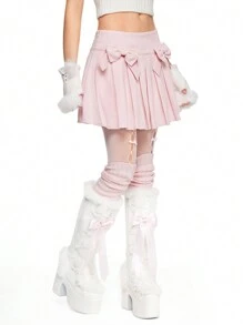 ROMWE Damska spódnica mini w stylu Kawaii z plisowaną kokardą i akcentem - Różowy - Zobacz 3