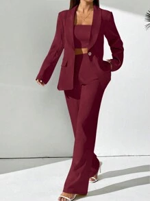 Glamine 女士红色翻领长袖吊带上衣3件套，宽松优雅通勤职场套装，适合秋冬季圣诞节万圣节感恩节情人节新年衣服秋季女装 - 紅色 - 查看 4