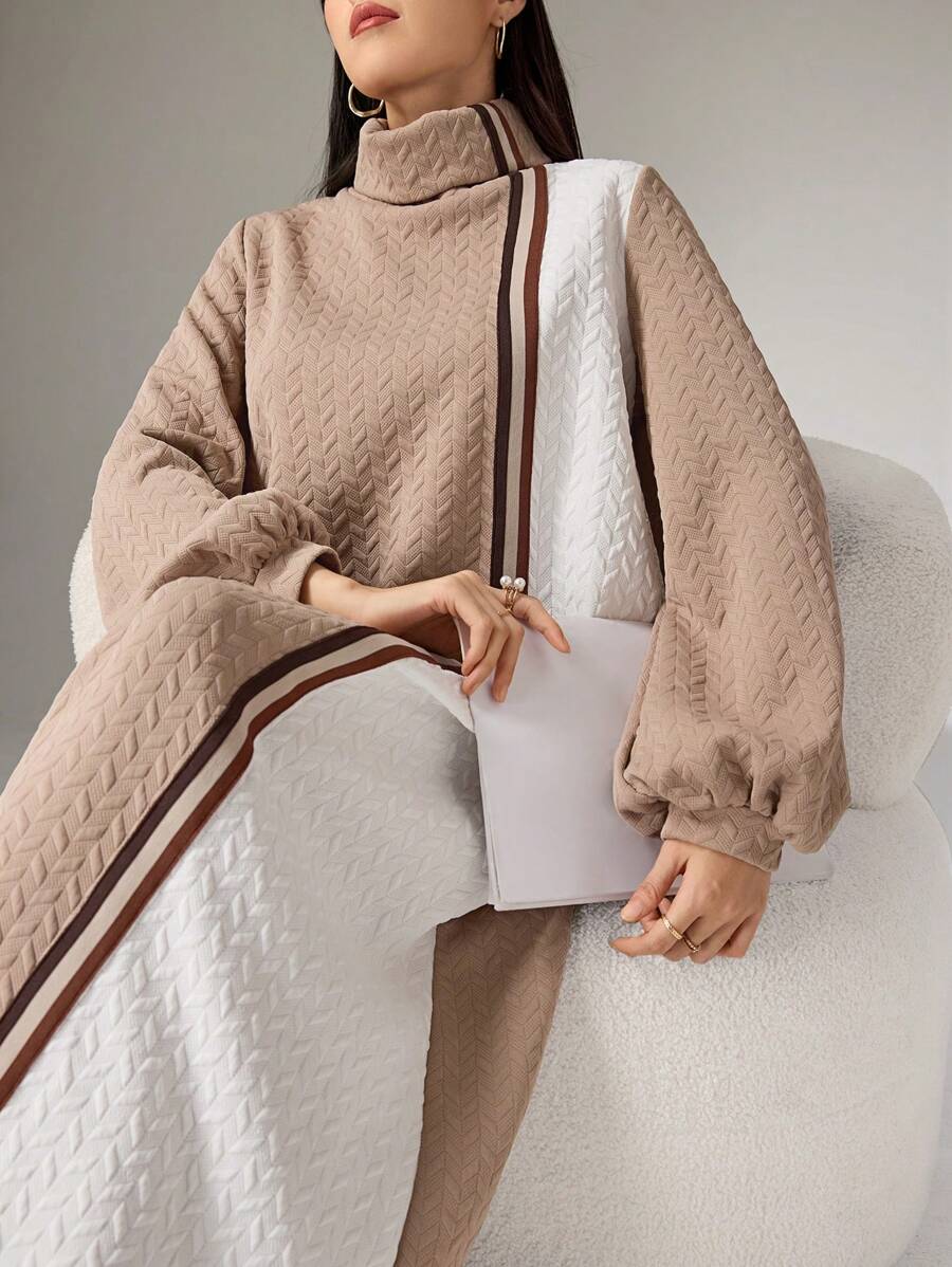 Mulvari 女士休闲拼色立领连衣裙，秋季 - 卡其色 - 查看 1