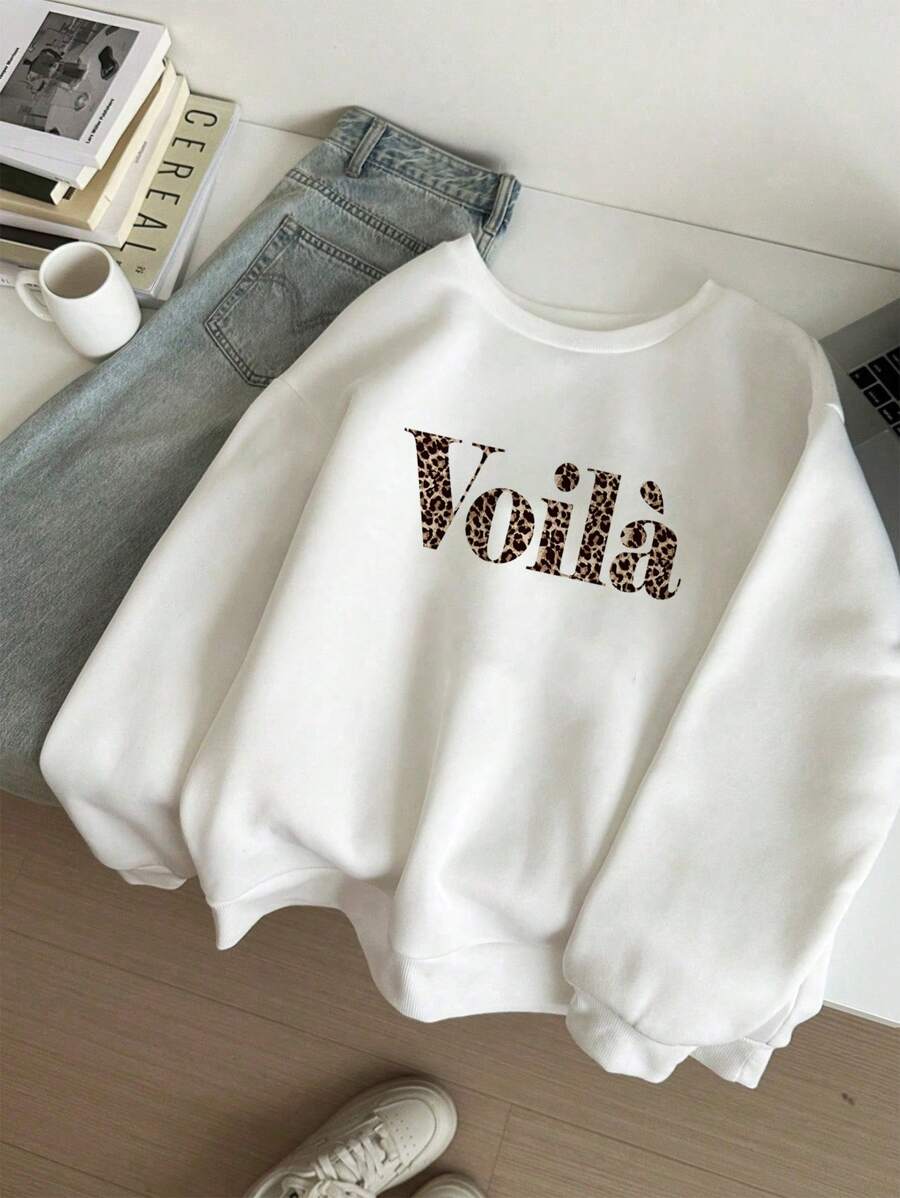 SHEIN Leap Crew Tween 女童休闲简约字母图案宽松圆领厚运动衫，适合秋冬季