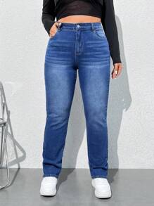 SHEIN PETITE CURVE Plus Size Solid Color Pocket Casual Straight Leg Jeans, Fall Women Clothes - Blue - View 3