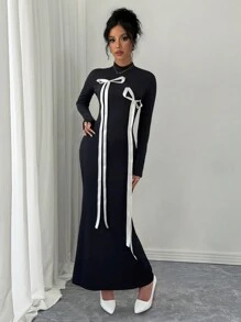 Chiquease 女士蝴蝶结高领长袖超长鱼尾下摆连衣裙 - 彩色 - 查看 1