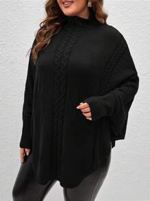 SHEIN LUNE 大码女式纯色立领蝙蝠袖休闲毛衣，秋冬针织套头衫 - 黑色 - 查看 5