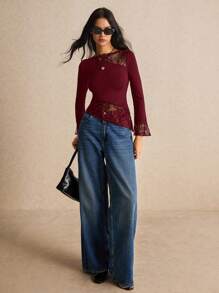 Poéselle Women Clothes, Women Shirts, Women's Fall Clothes Summer Slim Fit Asymmetric Lace Long Sleeve T-Shirt With Hem Splicing And Flutter Design, Halloween Costume Top, All Season Essential, Comfy High Strech Fabric - Burgundy - View 2