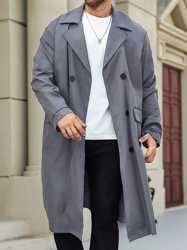 Manfinity Homme Plus Size Men Solid Color Stand Collar Double Breasted Long Sleeve Casual Trench Coat, Autumn