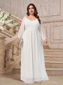 加大码白色甜心领长袖简约优雅婚纱，新娘送礼会礼服白色礼服，新娘 - 白色 - 查看 4