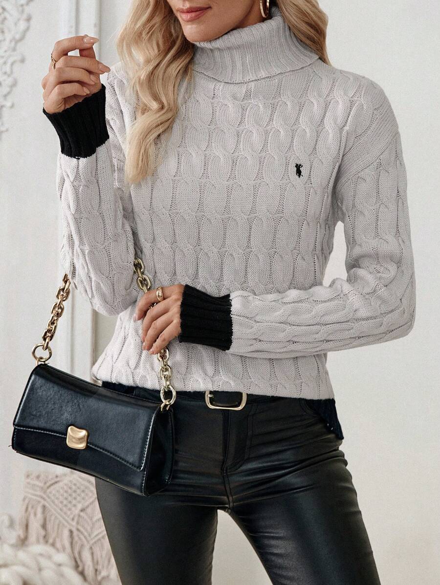Calvaya Suéter de cuello alto casual y versátil de manga larga con patrón de giro y bloques de color, tejido de punto para otoño e invierno - Gris - Ver 1