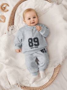 SHEIN 2pcs Set Newborn Baby Boy/Girl Casual Sports College Style Letter Print Stand Collar Sweatshirt And Elastic Waist Pants Set, Suitable For Autumn & Winter, Indoor And Outdoor - Grey - View 4