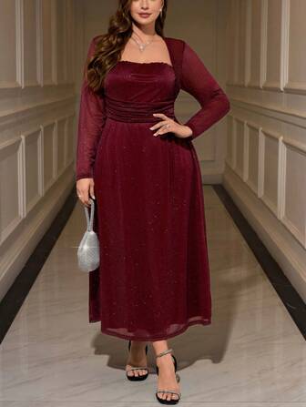 SHEIN Privé 大码秋季休闲优雅荷叶边腰部金属闪光连衣裙