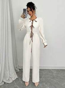 Elenzga Women's Bowknot Front Textured Comfy & Elegant Jumpsuit Fall Cloth For Women