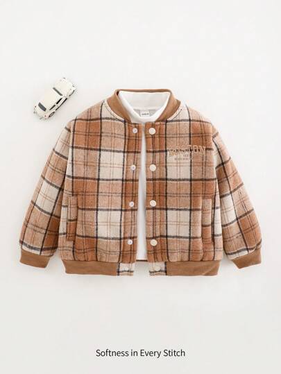Cozy Pixies Thermal Lined "Young Boy" Letter Pattern Knit Crew Neck Baseball Jacket, Soft Fabric, Warm For Winter, Classic Versatile Style, Brown Plaid, Suitable For Casual, Outdoor, Snow Occasions