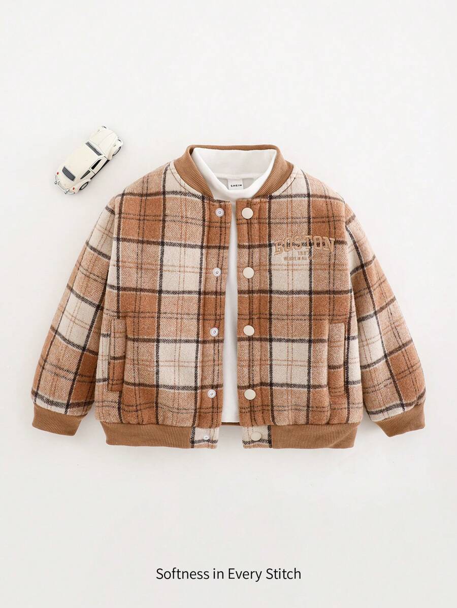 Cozy Pixies Áo khoác bóng chày cổ tròn dệt kim họa tiết chữ "Young Boy" lót nhiệt, vải mềm, ấm áp cho mùa đông, phong cách đa năng cổ điển, kẻ caro nâu, thích hợp cho các dịp thường ngày, ngoài trời, tuyết - Nhiều màu - Xem 1