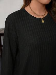 SHEIN LUNE 大码女式休闲纯色罗纹长袖 T 恤，适合春秋季节 - 黑色 - 查看 3
