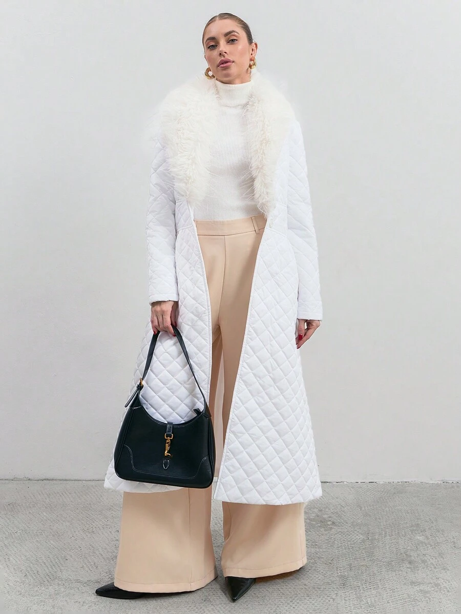 CLARA VERO Long Padded Coat With Patchwork And Collar, Fur Details, Quilting Fabric - White - View 1