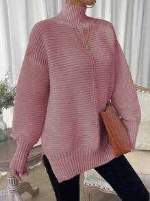 Chiquease 女式高领宽松休闲纯色落肩长袖毛衣，秋冬 - 藕粉色 - 查看 1