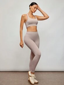 Activina Activina 2pcs Seamless Yoga Set Gym Set Cut Out Back Tank Top Hip-Hugging Leggings Workout Women Set
