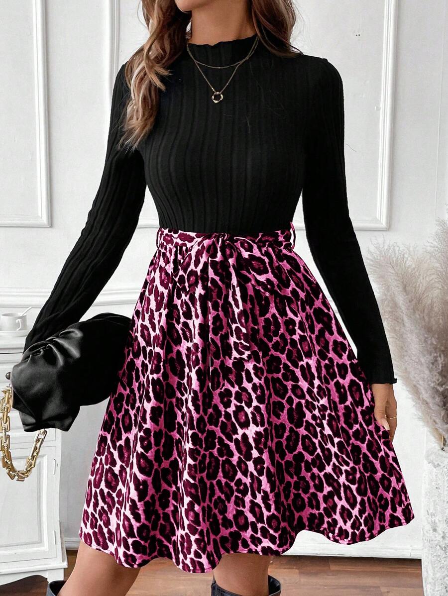 EMERY ROSE Women's Elegant Casual Knit Patchwork Leopard Print Long Sleeve Dress Fall Cloth For Women - Hot Pink - View 1