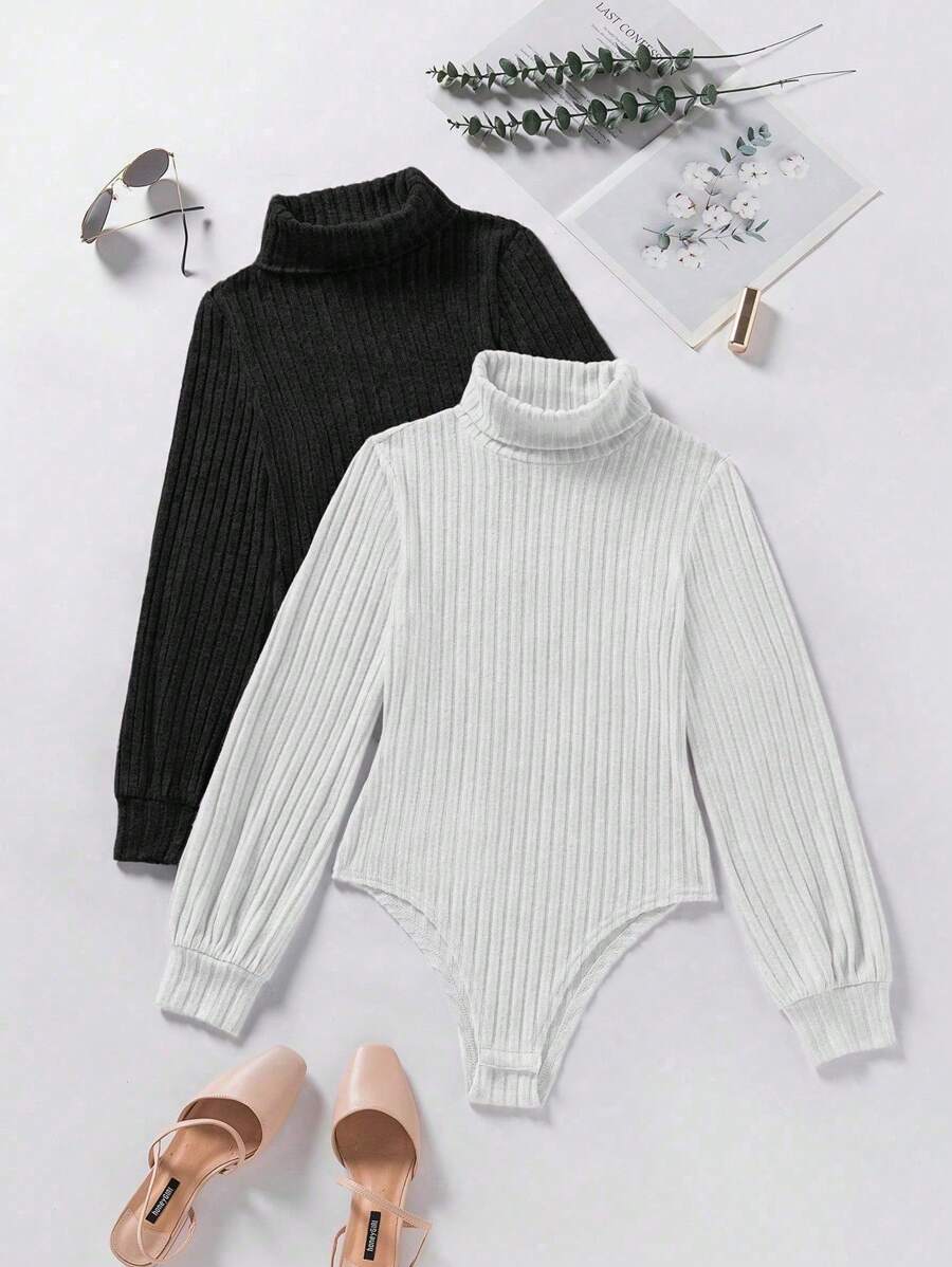 INAWLY Women's Solid Color Rib Knitted Turtleneck Long Sleeve Bodysuit Fall Cloth For Women - Multicolor - View 1