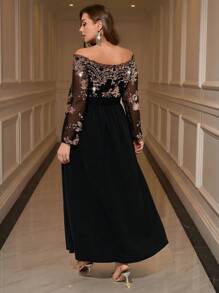 Gownix Elegantes Kleid in großen Größen mit Pailletten und Mesh-Einsätzen an der Schulter, für den Herbst