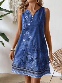 EMERY ROSE 女士夏季假日花卉印花無袖V領寬鬆連衣裙，側開叉設計 - 藏蓝色 - 查看 4