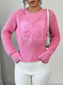 Elenzga 女士休闲纯色蝴蝶刺绣针织套头衫 秋冬款 - 粉色 - 查看 5