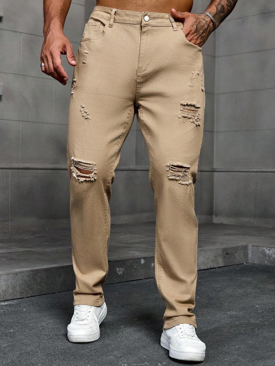 Manfinity Homme Men's Pockets Distressed Straight Loose Casual Versatile Denim Jeans - Khaki - View 1