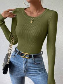 Chiquease 休闲简约纯色圆领修身毛衣，秋冬 - 軍綠色 - 查看 6