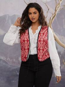 SHEIN VCAY 大码女式波西米亚风格双面复古做旧无袖花卉图案设计休闲背心，适合秋冬季 - 彩色 - 查看 5