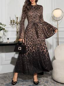 Modelyn 女士长款针织豹纹渐变印花喇叭下摆优雅连衣裙长款晚礼服 - 鏽棕色 - 查看 1