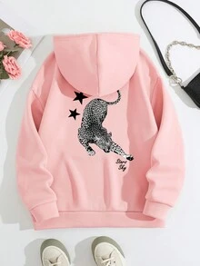 SHEIN EZwear Áo nỉ trùm đầu tay dài họa tiết sao và da báo, áo hoodie thường ngày cho nữ, mùa thu/đông - Màu Hồng baby - Xem 2