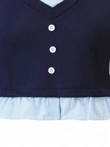Conjunto de 2 piezas para niñas preadolescentes: Blusa con cuello y pantalones formales, estilo elegante universitario - Azul Marino - Ver 8