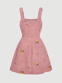 SHEIN MOD 大码秋冬灯芯绒花卉刺绣背心裙，带可调节肩带，可作为套头裙穿着