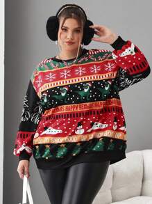 SHEIN CURVE+ Maglione natalizio con maniche lunghe in pile, taglie comode e morbide, per donna, adatto per autunno/inverno