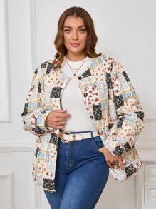 SHEIN Clasi Chaqueta informal de talla grande para otoño con estampado floral y de patchwork - Multicolor - Ver 6