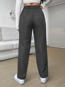 SHEIN EZwear 女式纯色前扣简约风格休闲裤，适合日常穿着 - 灰色 - 查看 2