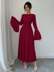 Rafferiza Robe élégante à manches évasées et col rond de couleur unie pour femmes, tenue maxi pour l'automne, le nouvel an - Rouge - Voir 4