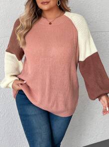 SHEIN CURVE+ Women's Plus Loose-Fit Lantern Sleeve Contrast Color Round Neck Sweater, Fashion & Slouchy, Autumn/Winter Knit Pullover Fall - Multicolor - View 3
