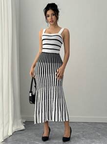 SHEIN Unity 1 件女式方领修腰针织条纹 A 字形毛衣裙，秋冬季保暖 - 彩色 - 查看 1