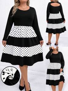 SHEIN Clasi Plus Size Mid-Length Contrast Polka Dot Print Slimming Dress - Multicolor - View 1