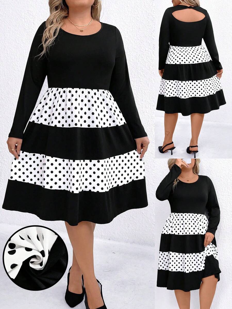 SHEIN Clasi Plus Size Mid-Length Contrast Polka Dot Print Slimming Dress - Multicolor - View 1