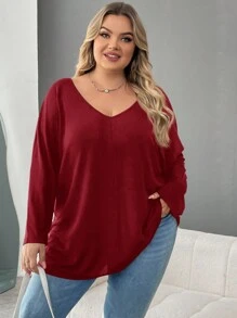 SHEIN CURVE+ Plus Size Red V-Neck Casual Long Sleeve Red T-Shirt