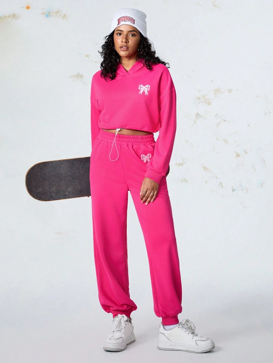 SHEIN Sports 2pcs Set Loose Fit Sweatshirt And Sweatpants With Butterfly Print, Sports