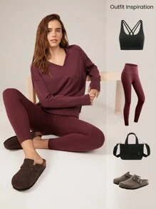 GLOWMODE Modal Silky Smooth Oversized V-Neck Hip Length Long Sleeve Sweatshirt With Thumbholes Daily Casual  Spring Summer - Burgundy - View 5